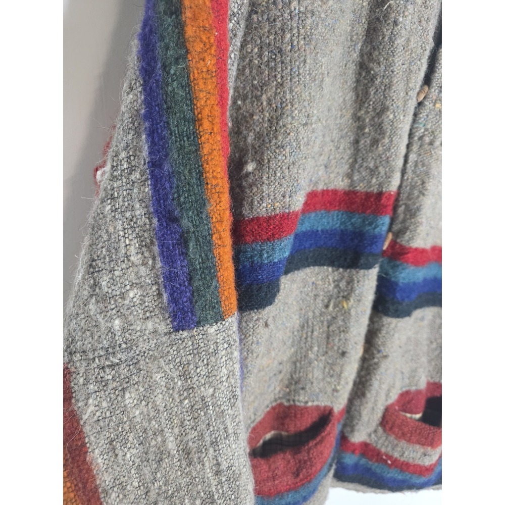 Vintage Wool-Feel Cardigan XL Tan Rainbow Stripe Wood Buttons Grandpa READ - Picture 3 of 13